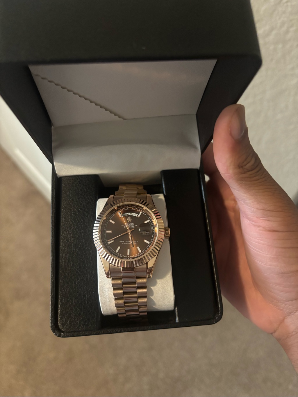 Rolex Rose Gold Watch With Dark Dial